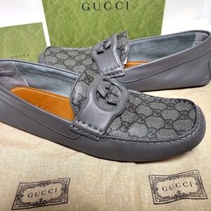 Authentic GUCCI MEN'S DRIVERS LOAFERS MONOGRAM DRESS SHOES 10 730148 AABYO 1349